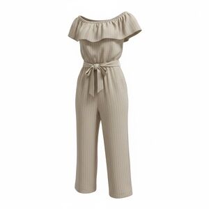 Universal Thread Off-Shoulder Tie-Waist Wide-Leg Jumpsuit in Beige